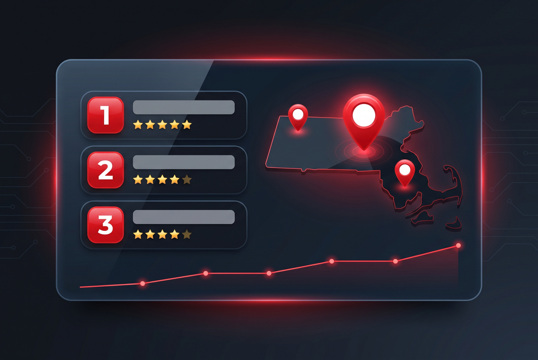 Google map-pack ranking dashboard tracking a Massachusetts local business across map-pack and local search results over time